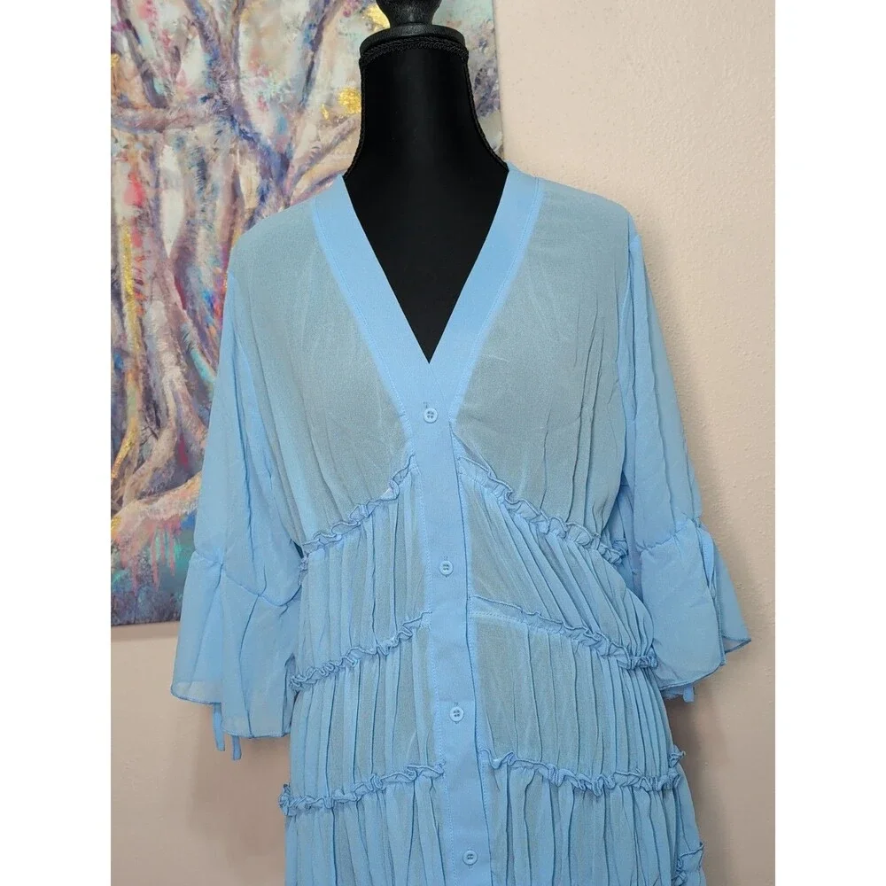Womens Boho Large Baby Blue Sheer Chiffon Ruffled Tiered High Low Dress - Picture 4 of 15